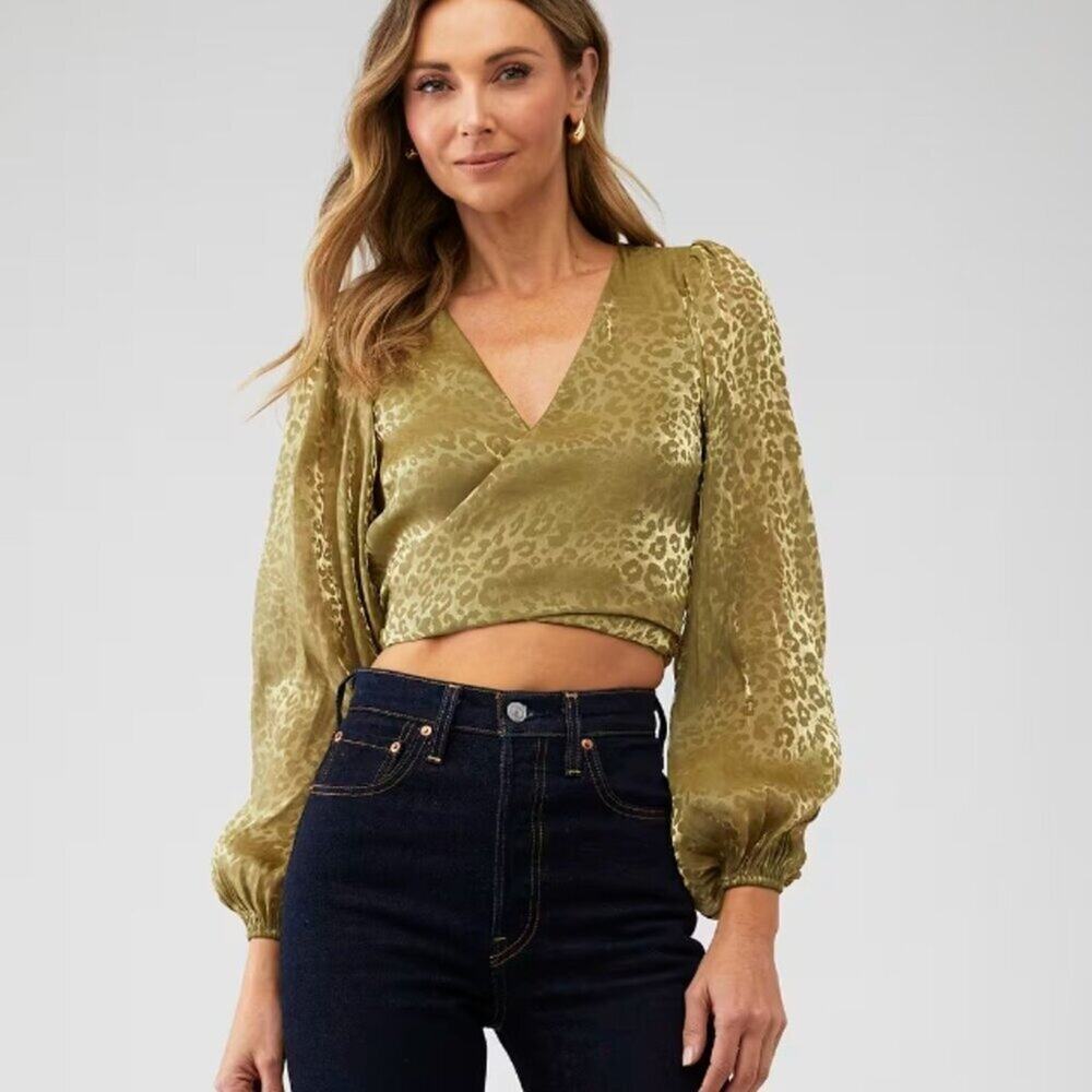 Show Me Your Mumu Joplin Top XS Green Organza Blouse Animal Print Wrap